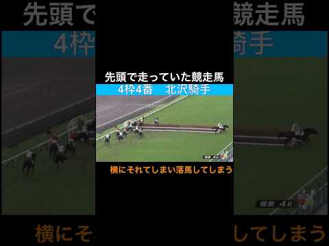 先頭で走っていた競走馬が横にそれてしまい落馬してしまいます