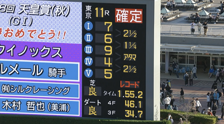 天皇賞秋ラップ 12.4 – 11.0 – 11.5 – 11.4 – 11.4 – 11.4 – 11.4 – 11.6 – 11.4 – 11.7