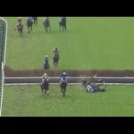 人気馬が障害を飛越後に落馬事故