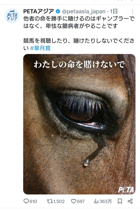 【衝撃】動物愛護団体ポスター「競馬はギャンブルではなく、卑怯な臆病者がやることです」