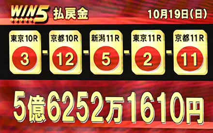 【WIN5】歴代最高額5億6252万1610円!的中1票